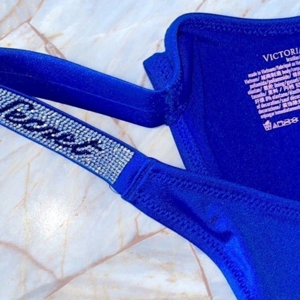 XSmall Victorias Secret Swim BOMBSHELL BIKINI BOTTOM Silver Shine Strap Blue - Picture 2 of 6